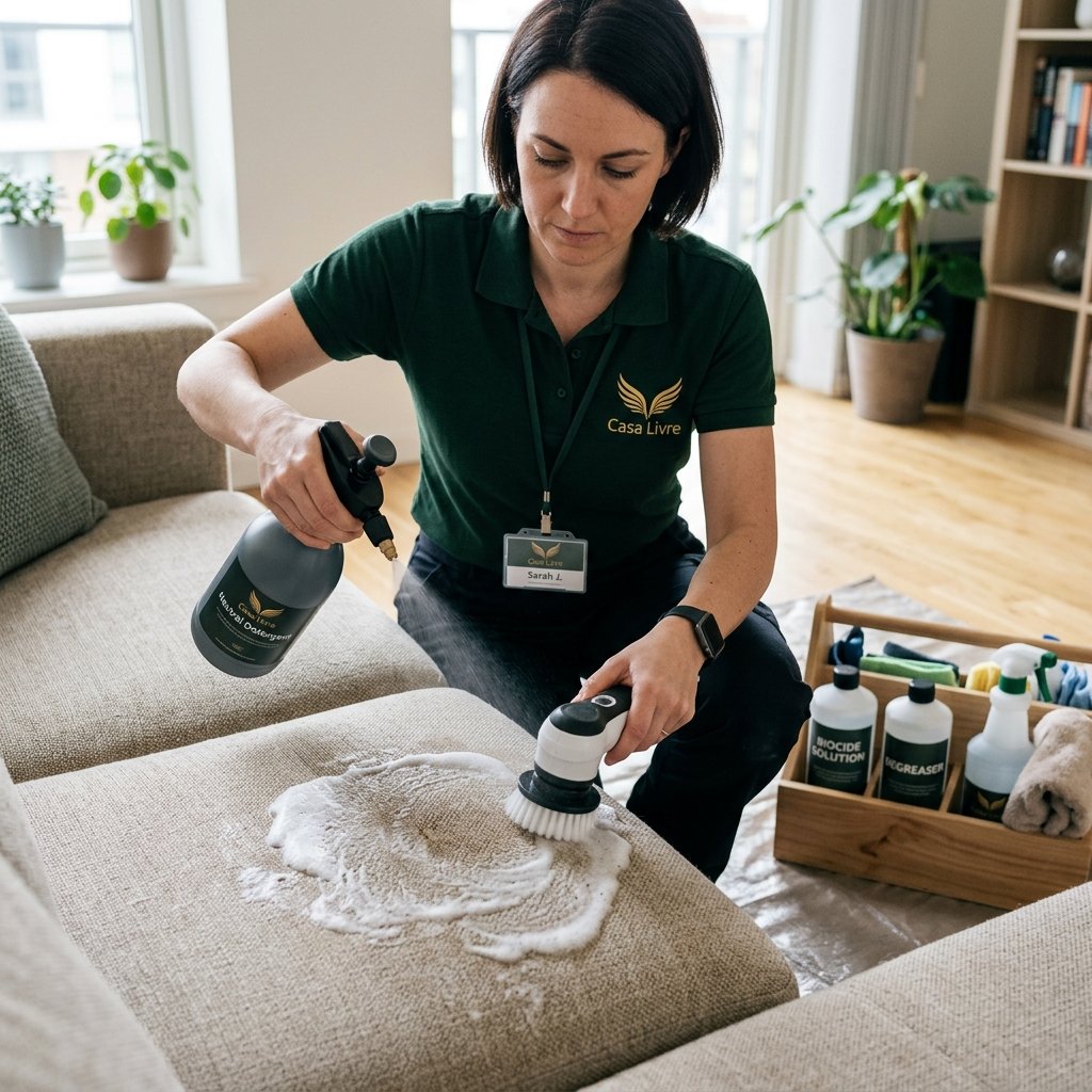 Técnico da Casa Livre injetando solução desincrustante via spray pressurizado e escovando tecido do sofá
