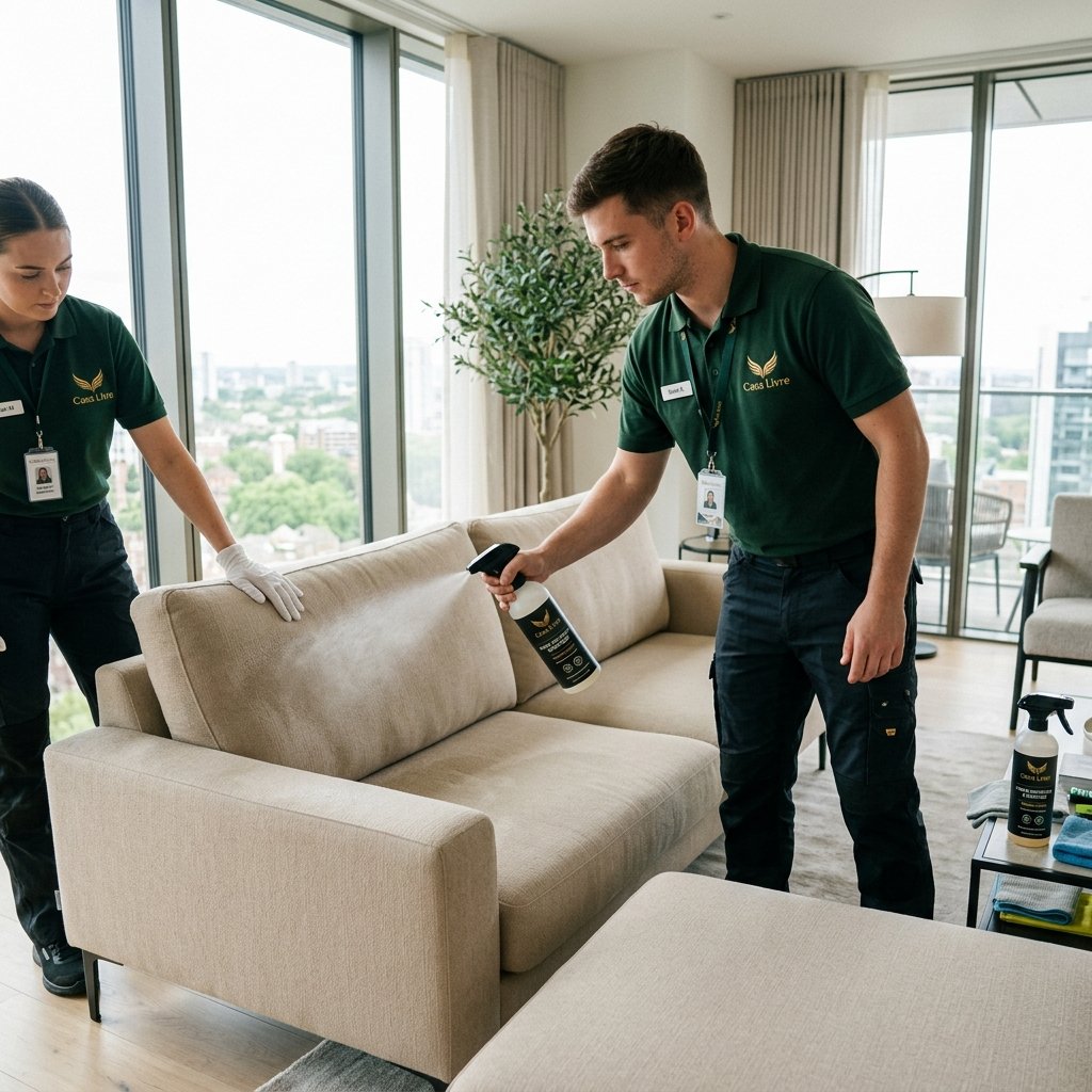 Técnico da Casa Livre aplicando impermeabilizante hidrofóbico e realizando vistoria final no sofá higienizado